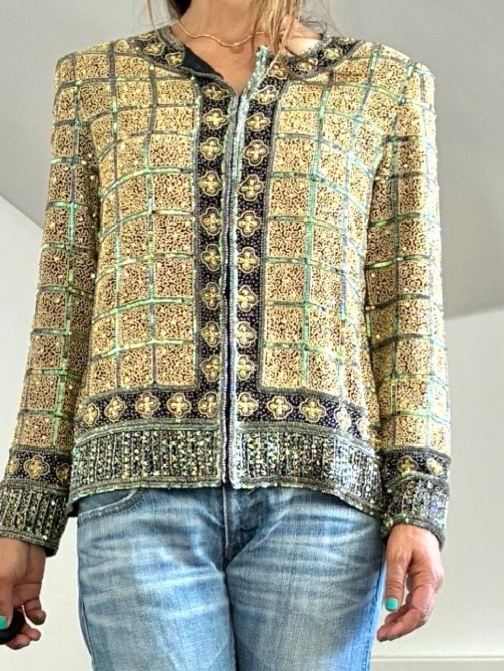 Vintage 90s Heavily Beaded Silk Jacket by J Kara size medium